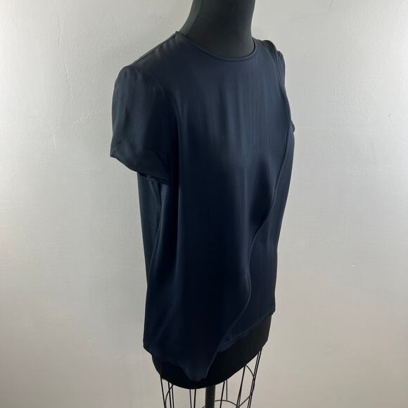 Max Mara Navy Blue Top Crew Neck Back Zipper Blouse Career Classic Fit Size ?